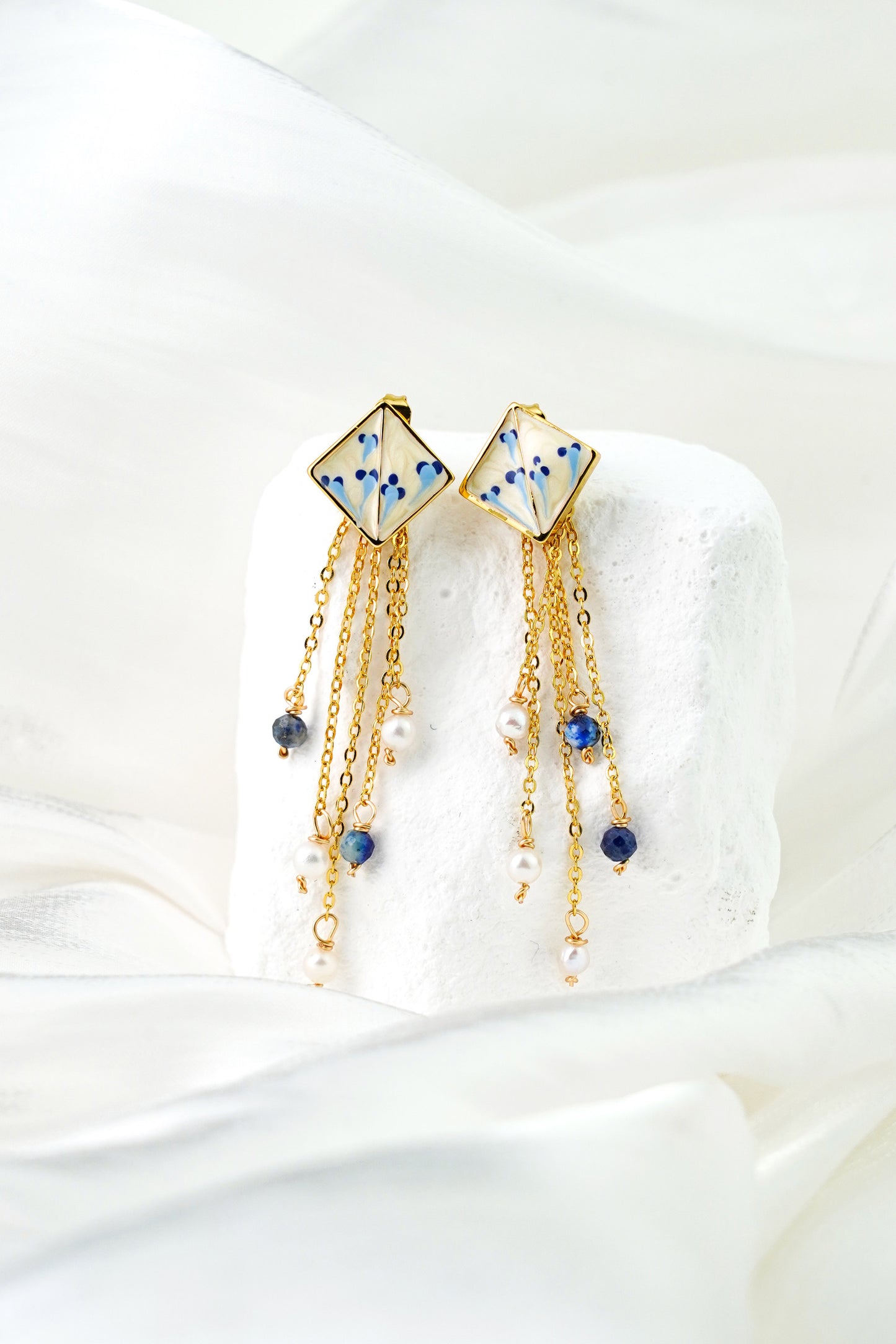 Varia Porcelain Pattern Earrings with Drop – Detachable Lapis & Pearl