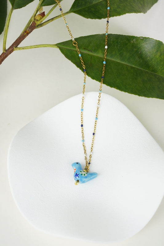 Bird - Shaped Porcelain beads – Handmade Necklace (Blue) - EenPorcelain