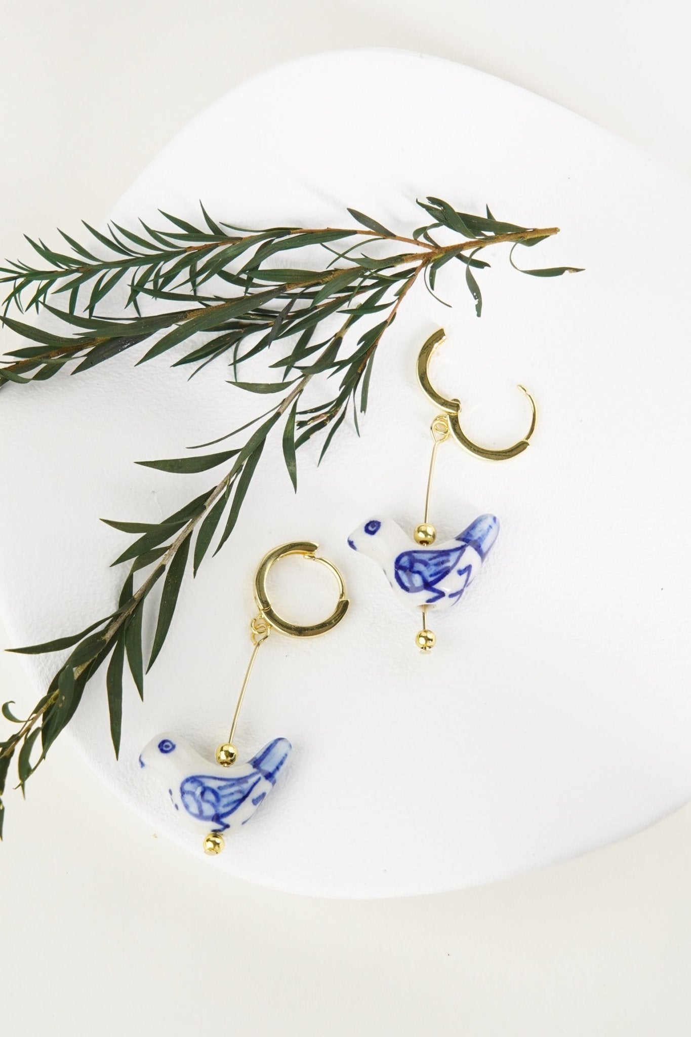 Bird - Shaped Porcelain Studs – Handmade Earrings Art (Delft Blue) - EenPorcelain