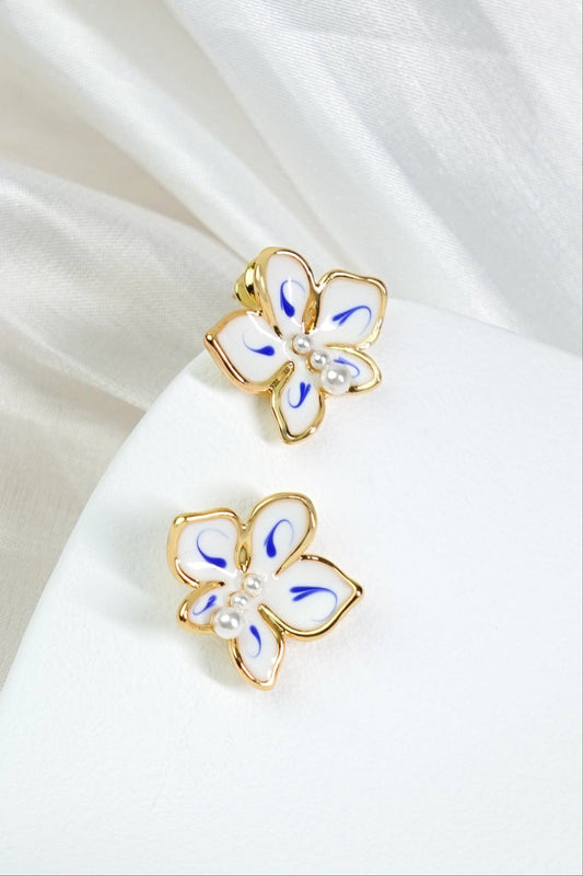 Celestial Bloom Studs – Enamel & Pearl Earrings - EenPorcelain
