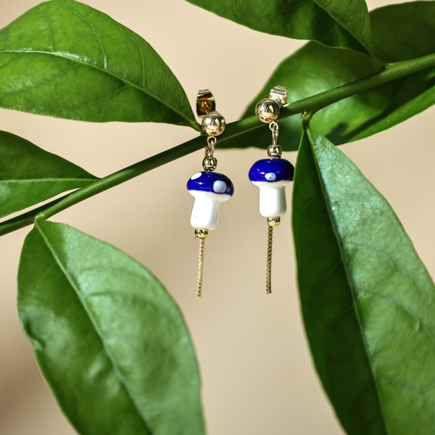 Mushroom Drop Earrings – Hand - Painted Ceramic with Mismatched Charms - EenPorcelain