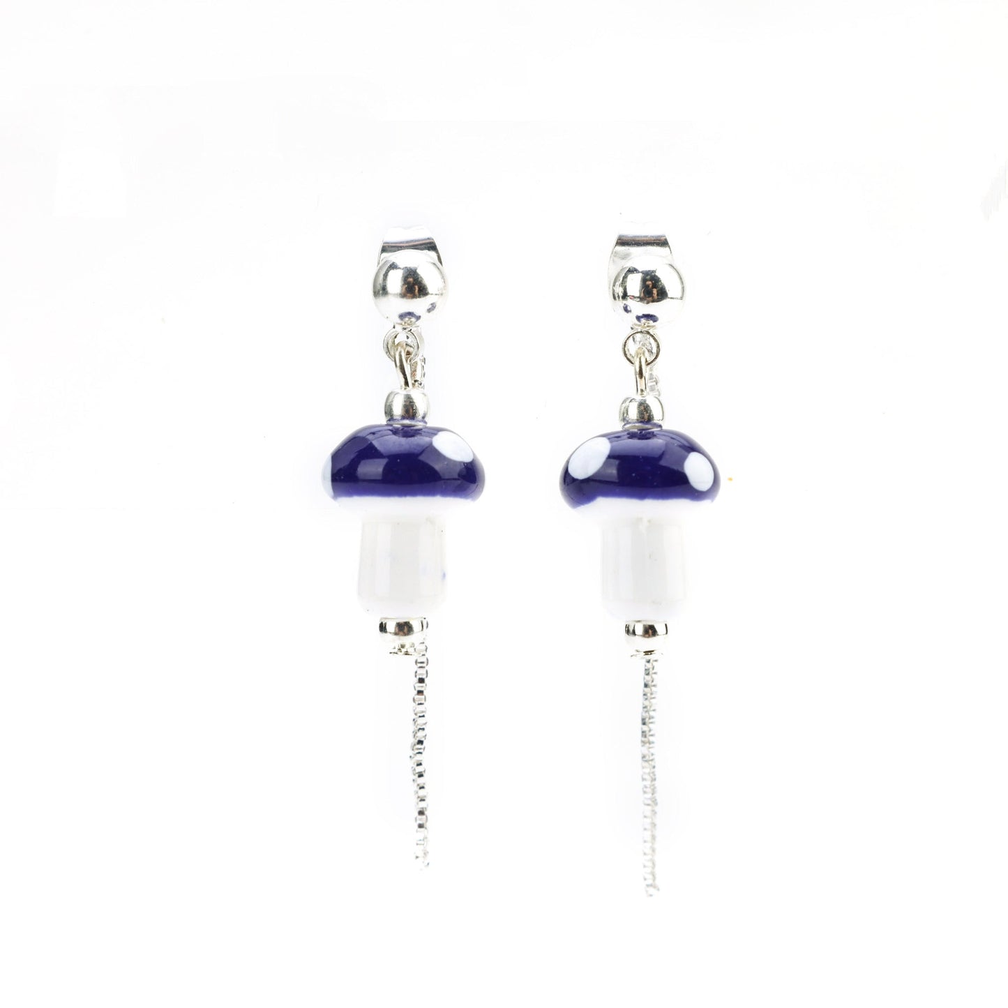 Mushroom Drop Earrings – Hand - Painted Ceramic with Mismatched Charms - EenPorcelain