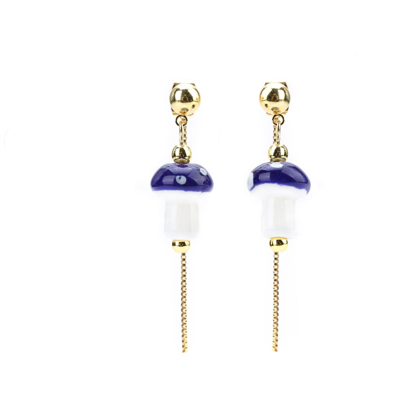 Mushroom Drop Earrings – Hand - Painted Ceramic with Mismatched Charms - EenPorcelain