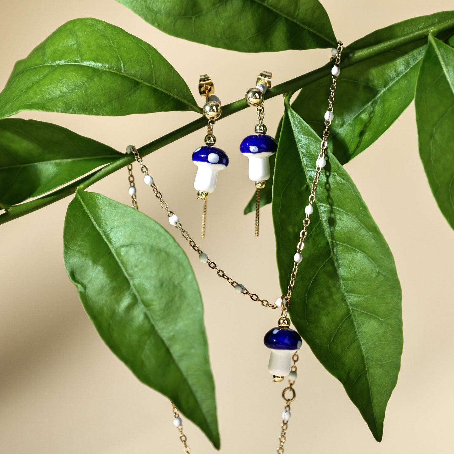 Mushroom Drop Earrings – Hand - Painted Ceramic with Mismatched Charms - EenPorcelain