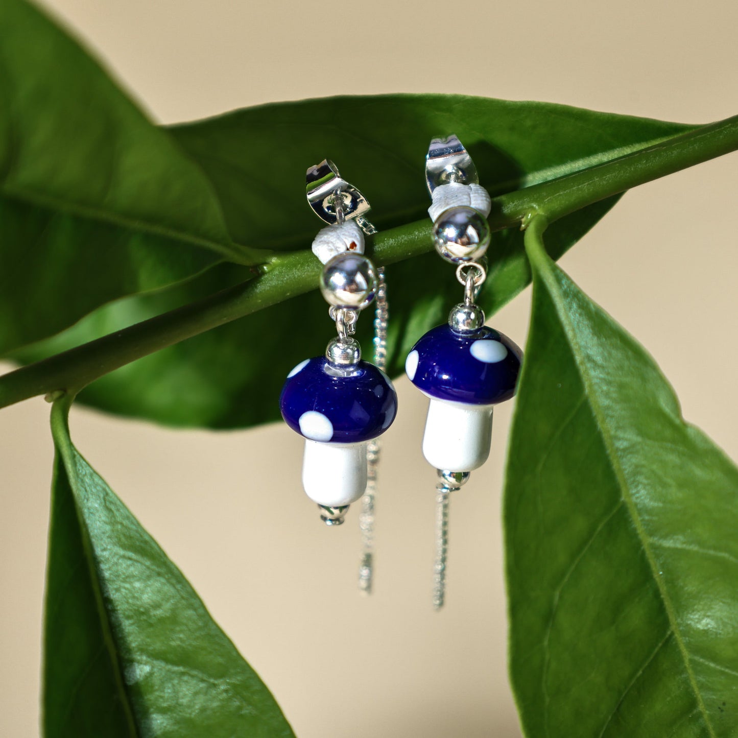 Mushroom Drop Earrings – Hand - Painted Ceramic with Mismatched Charms - EenPorcelain