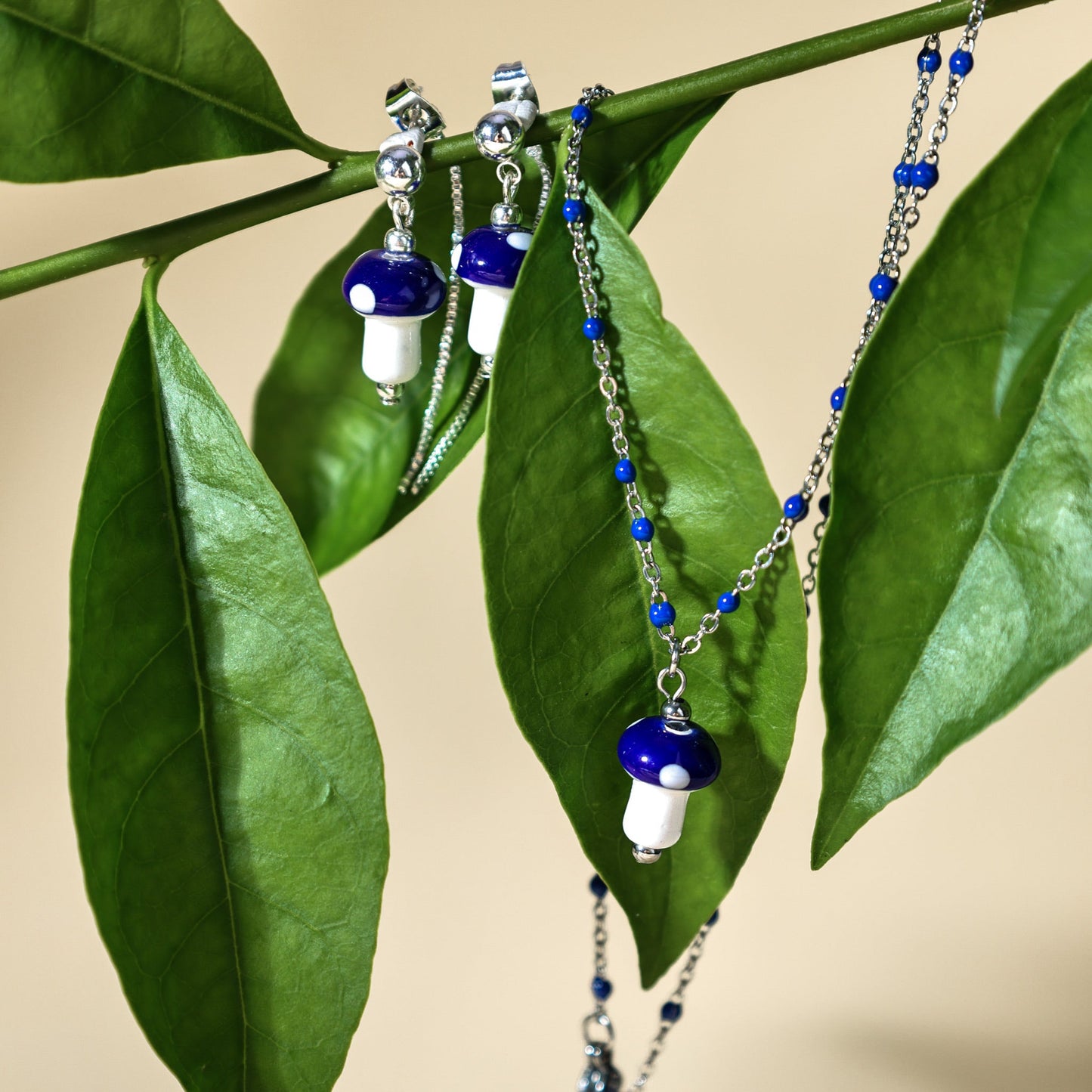 Mushroom Drop Earrings – Hand - Painted Ceramic with Mismatched Charms - EenPorcelain