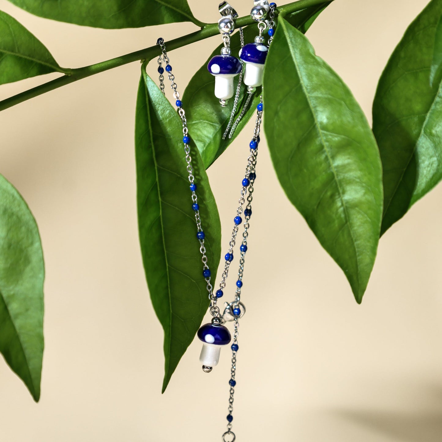 Mushroom Drop Earrings – Hand - Painted Ceramic with Mismatched Charms - EenPorcelain