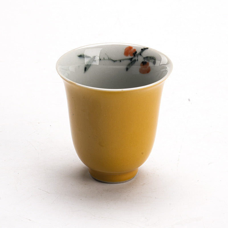 Yellow Glazed Gaiwan (teapot) and tea cups with hand-painted designs