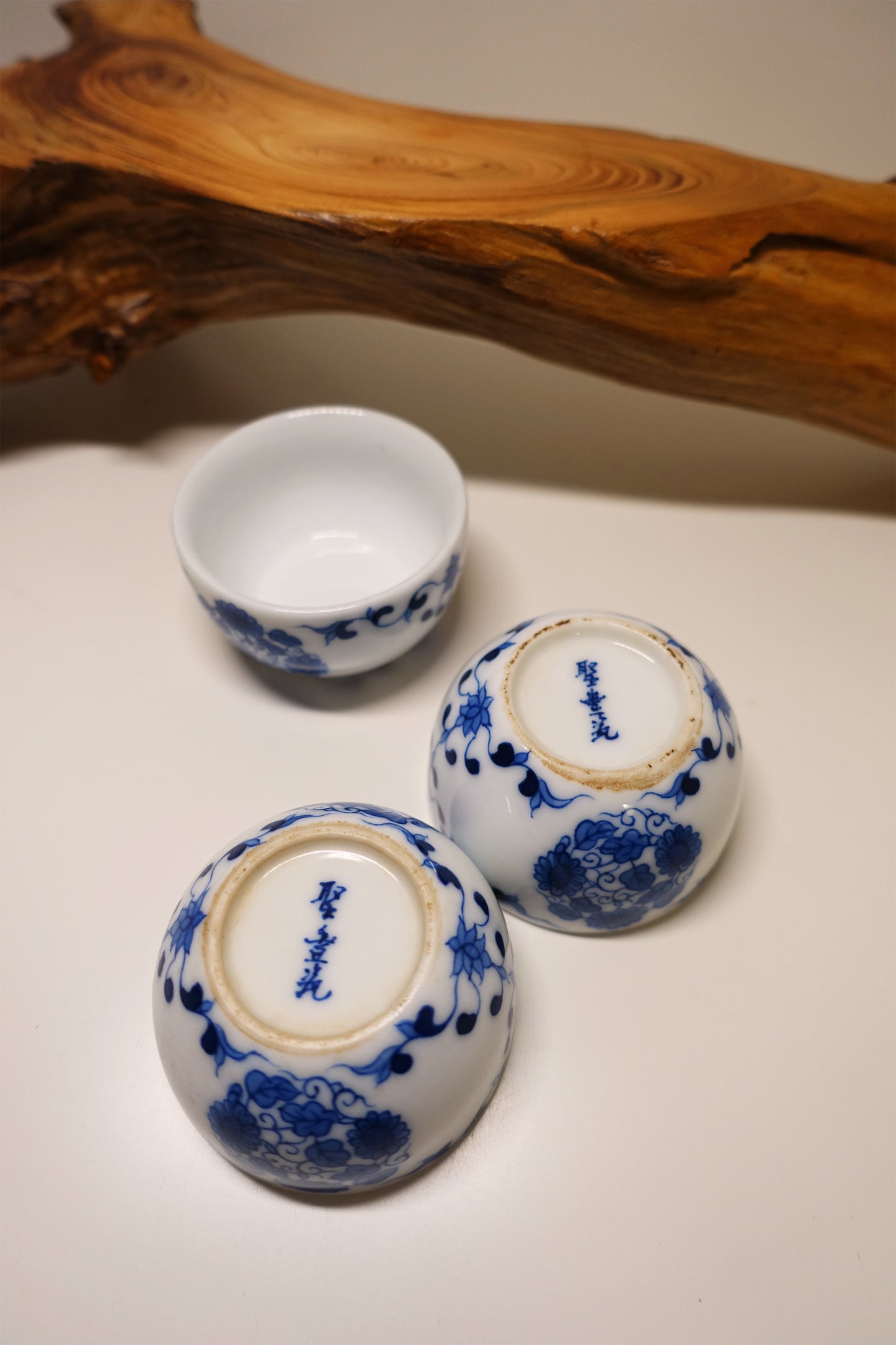 Hand-painted Jingdezhen thumb cups (x3)