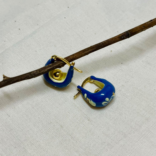 Blue Ceramic Glazed Metal Earrings with Hand-painted White Flowers