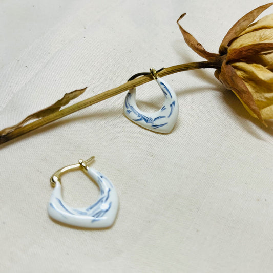 White Ceramic Glazed Metal Earrings with Hand-painted Blue Patterns