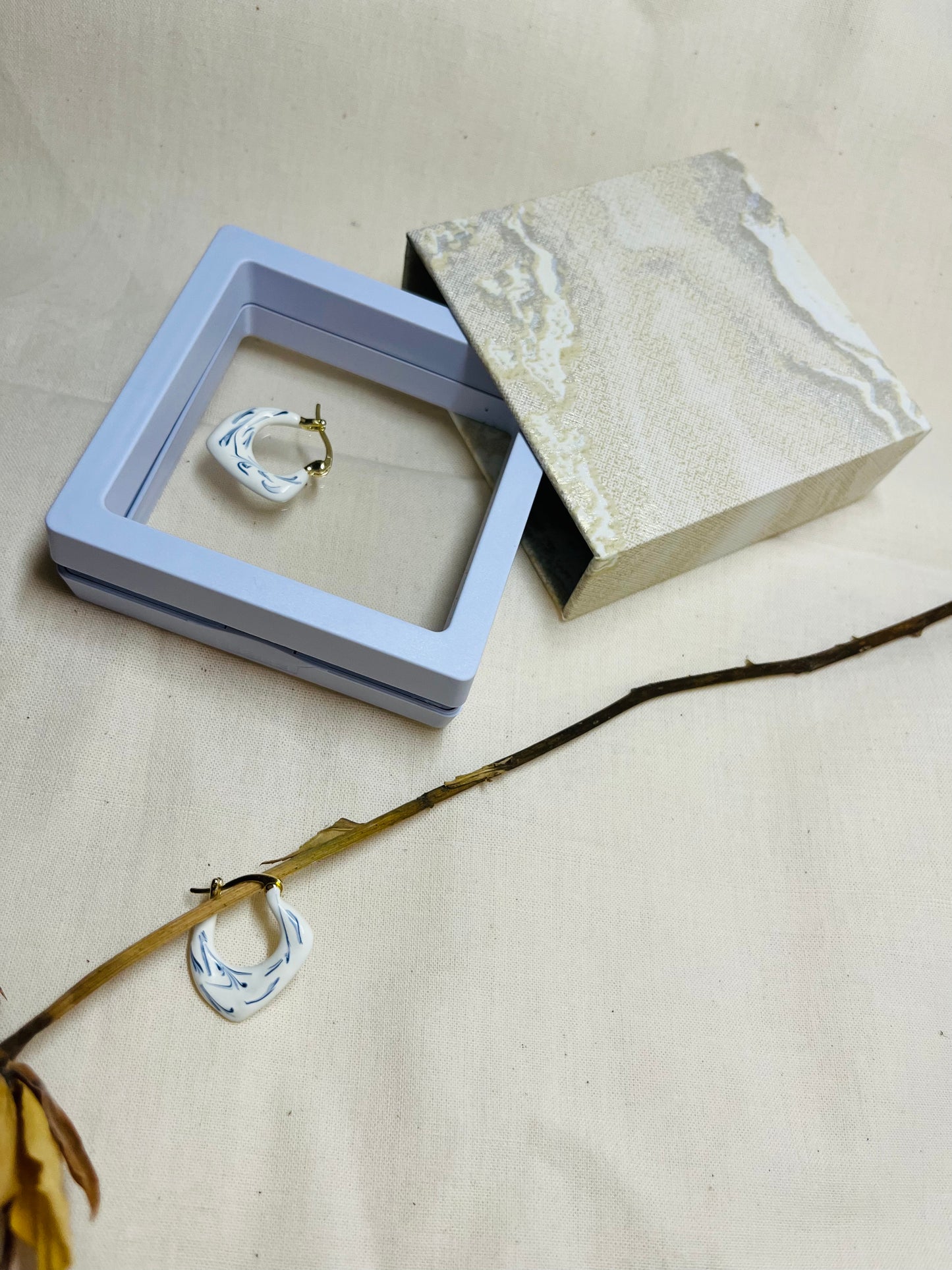 White Ceramic Glazed Metal Earrings with Hand-painted Blue Patterns