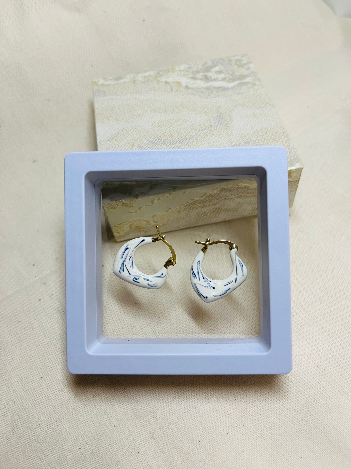 White Ceramic Glazed Metal Earrings with Hand-painted Blue Patterns