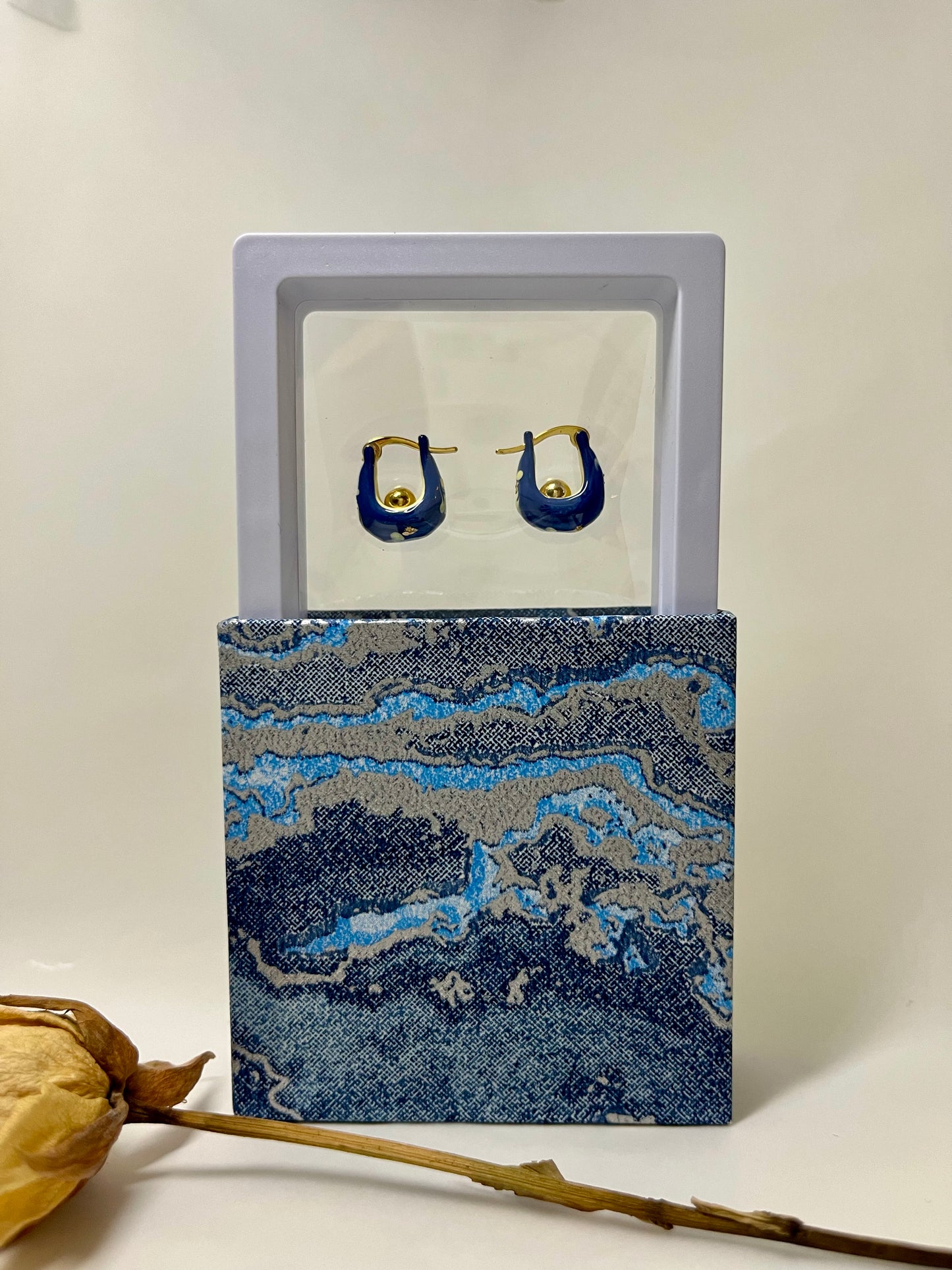 Blue Ceramic Glazed Metal Earrings with Hand-painted White Flowers