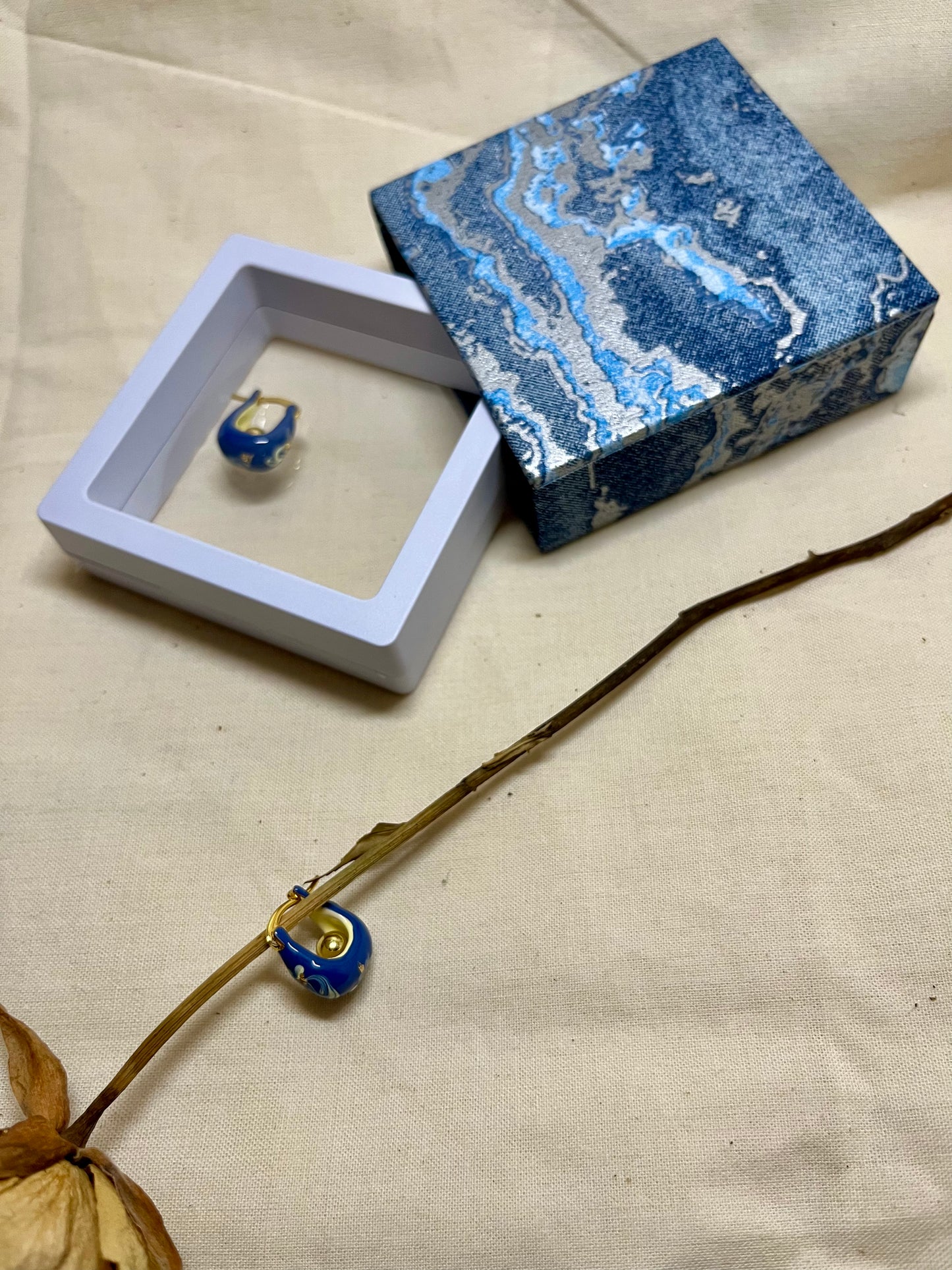 Blue Ceramic Glazed Metal Earrings with Hand-painted White Flowers