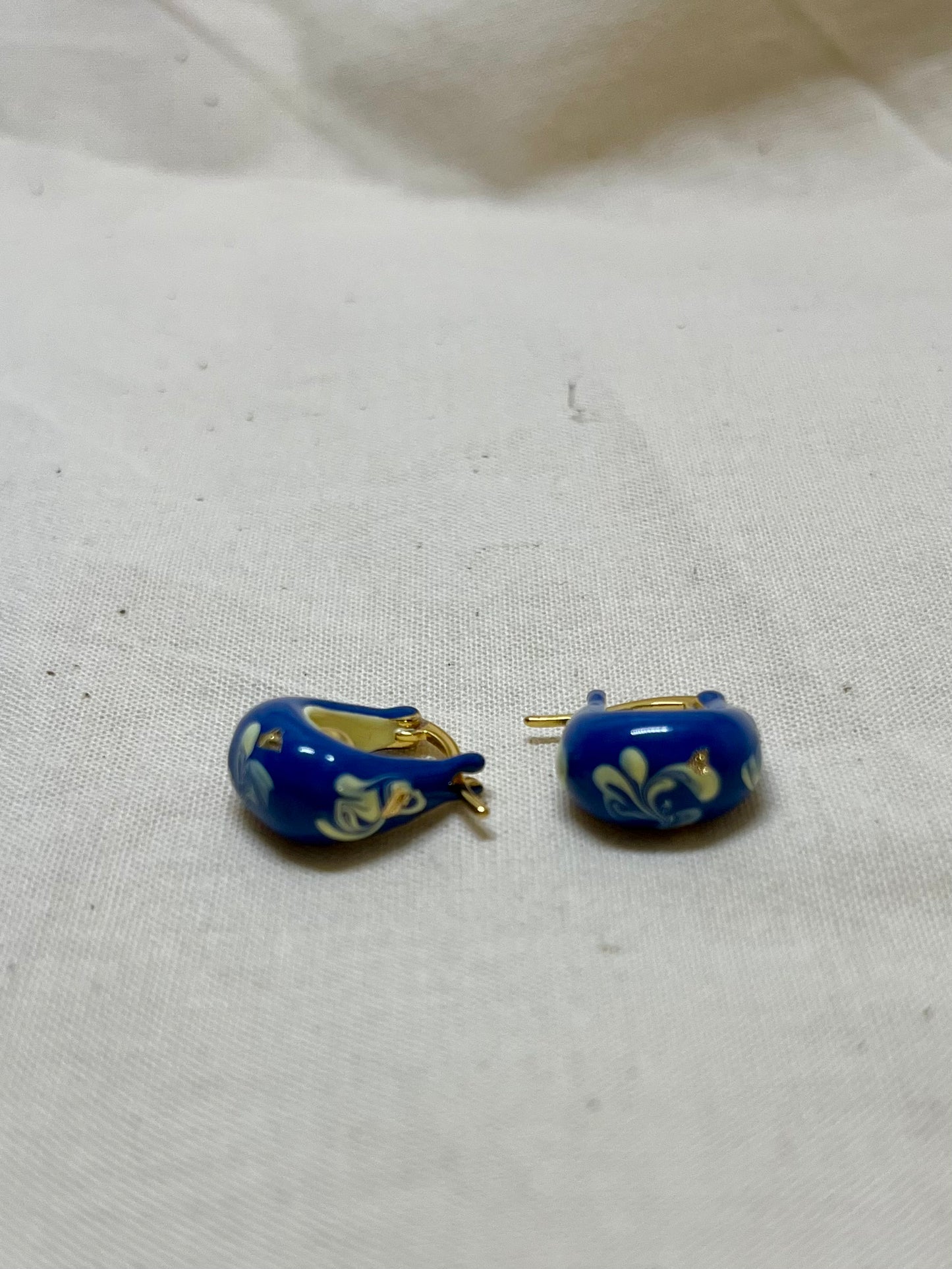 Blue Ceramic Glazed Metal Earrings with Hand-painted White Flowers