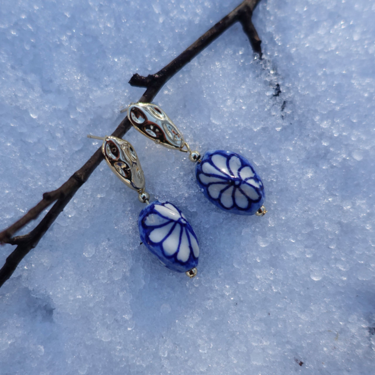 Blue Twisted Flower on Porcelain Earring -  Inspired by Antoni Gaudí