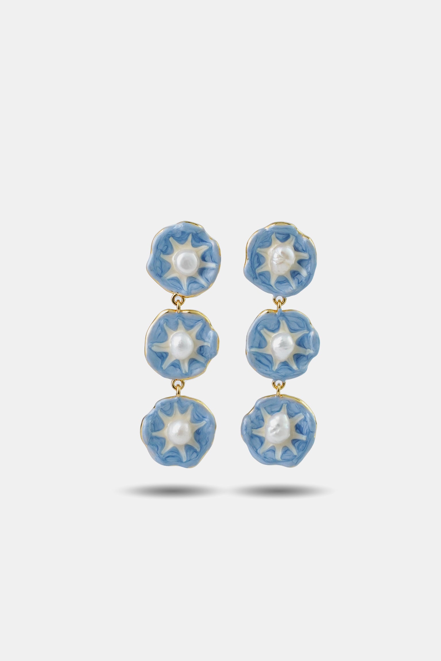 Pair of blue floral earrings with pearl-like centers 