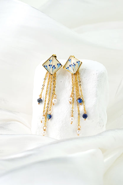 Varia Porcelain Pattern Earrings with Drop –  Detachable Lapis & Pearl
