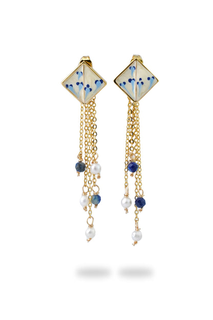 Varia Porcelain Pattern Earrings with Drop –  Detachable Lapis & Pearl