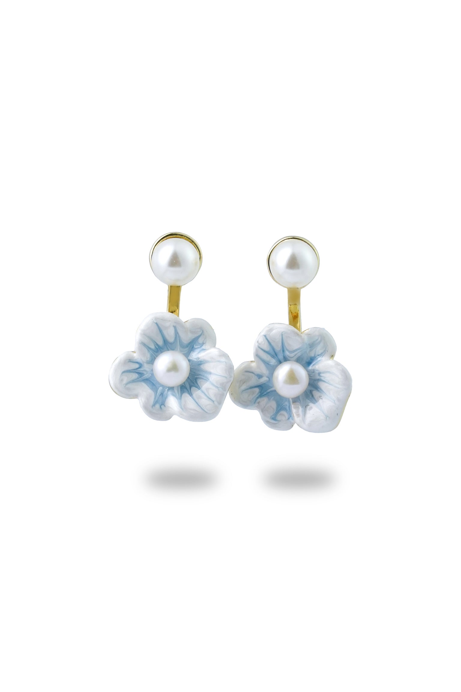 Double Bloom Earrings – Enamel Flowers with Freshwater Pearls