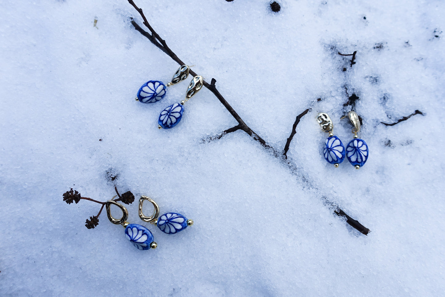 Blue Twisted Flower on Porcelain Earring -  Inspired by Antoni Gaudí