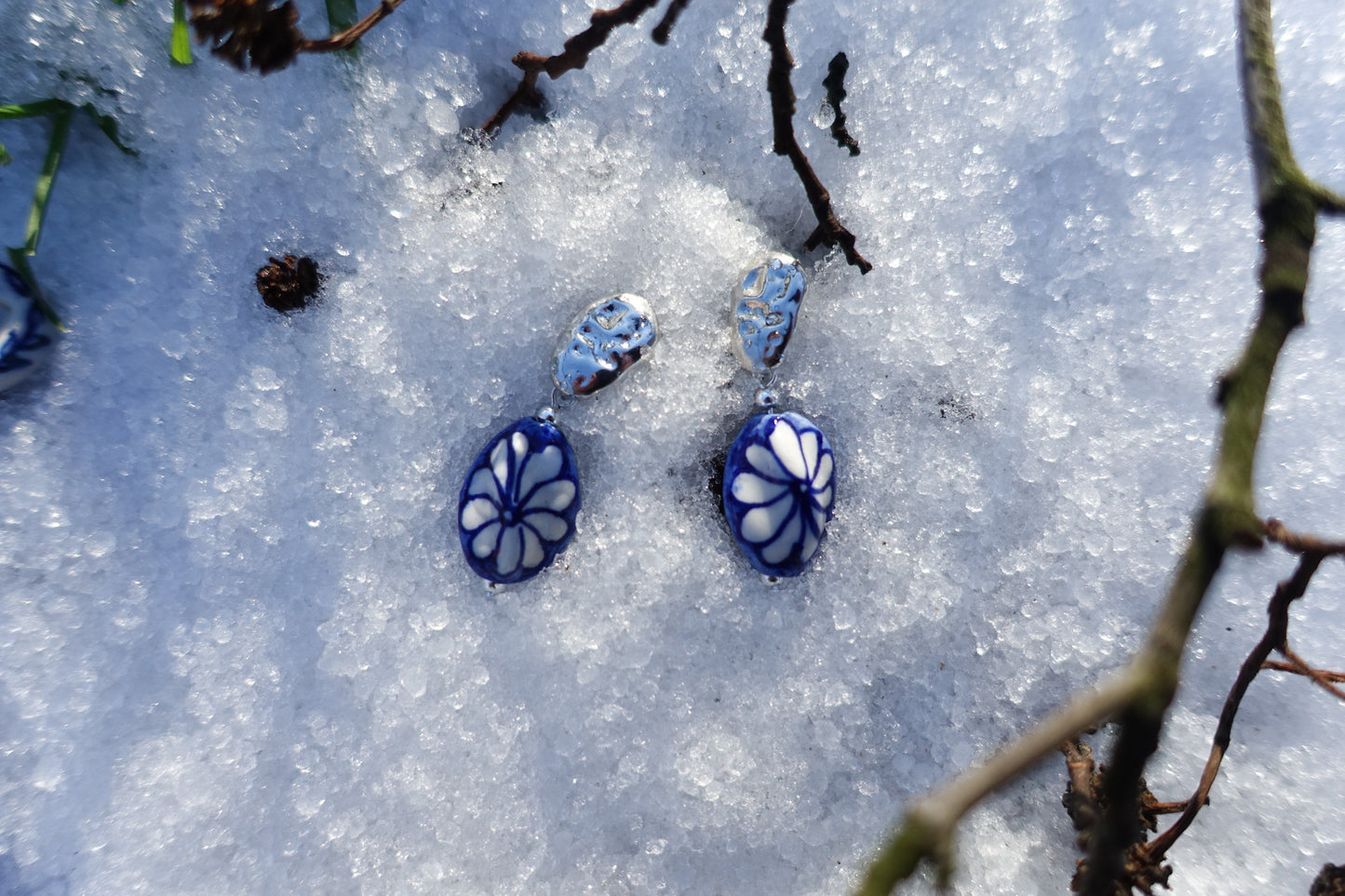 Blue Twisted Flower on Porcelain Earring -  Inspired by Antoni Gaudí