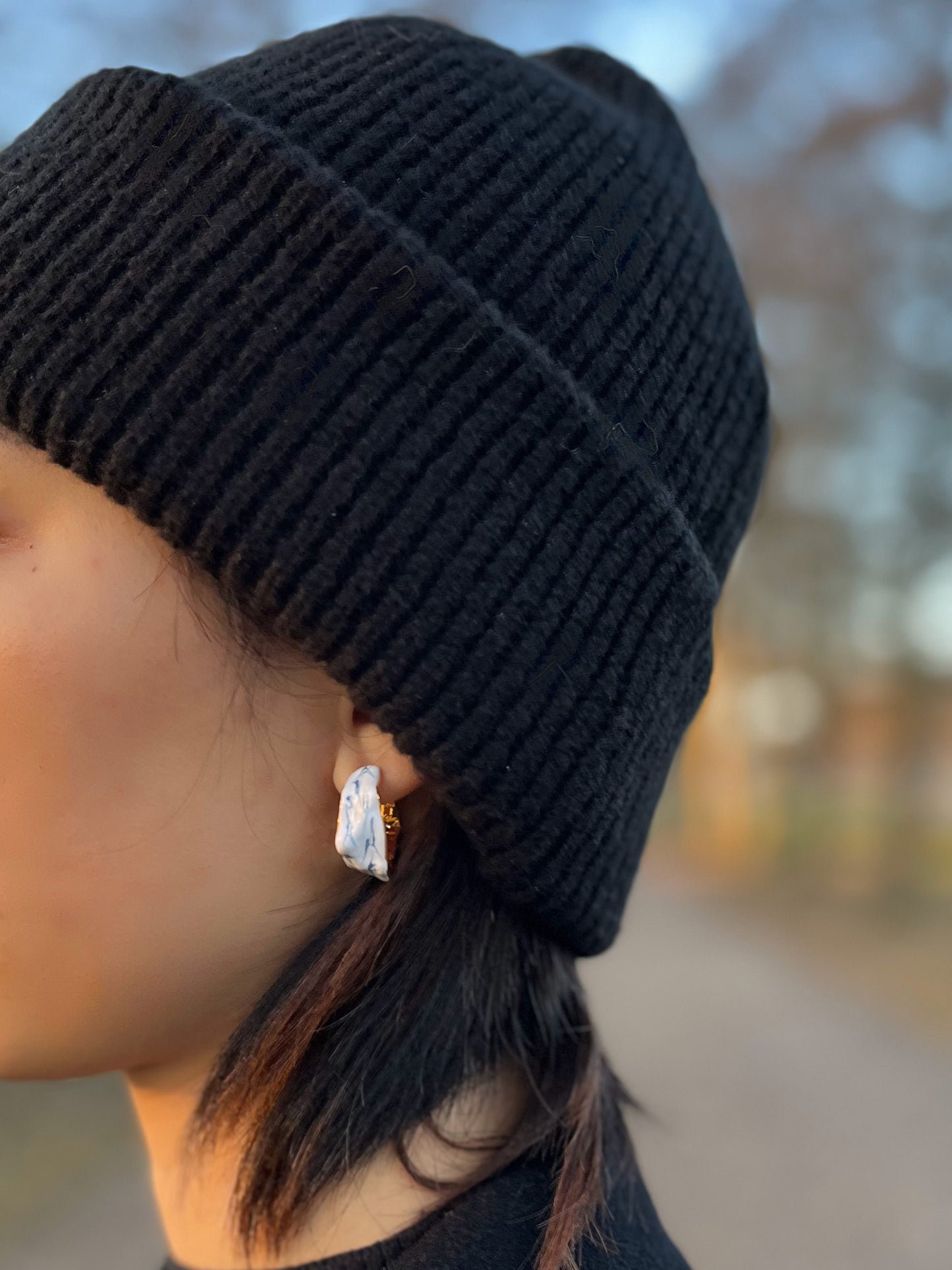 Metal earrings with handmade ceramic coating -ring shape