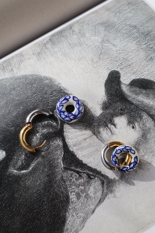 Blue Loop Earrings – Hand-Painted Porcelain with Dual-Tone Metal