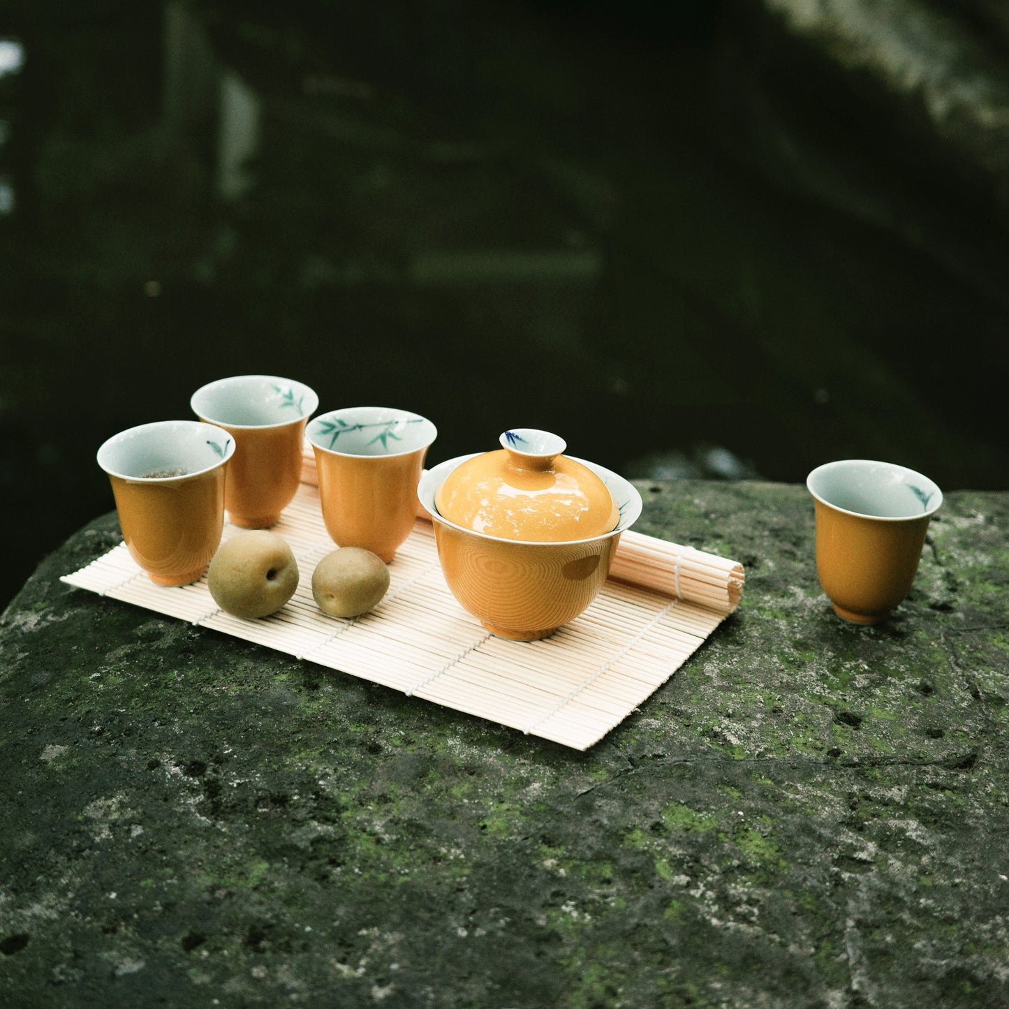 Yellow Glazed Gaiwan (teapot) and tea cups with hand-painted designs