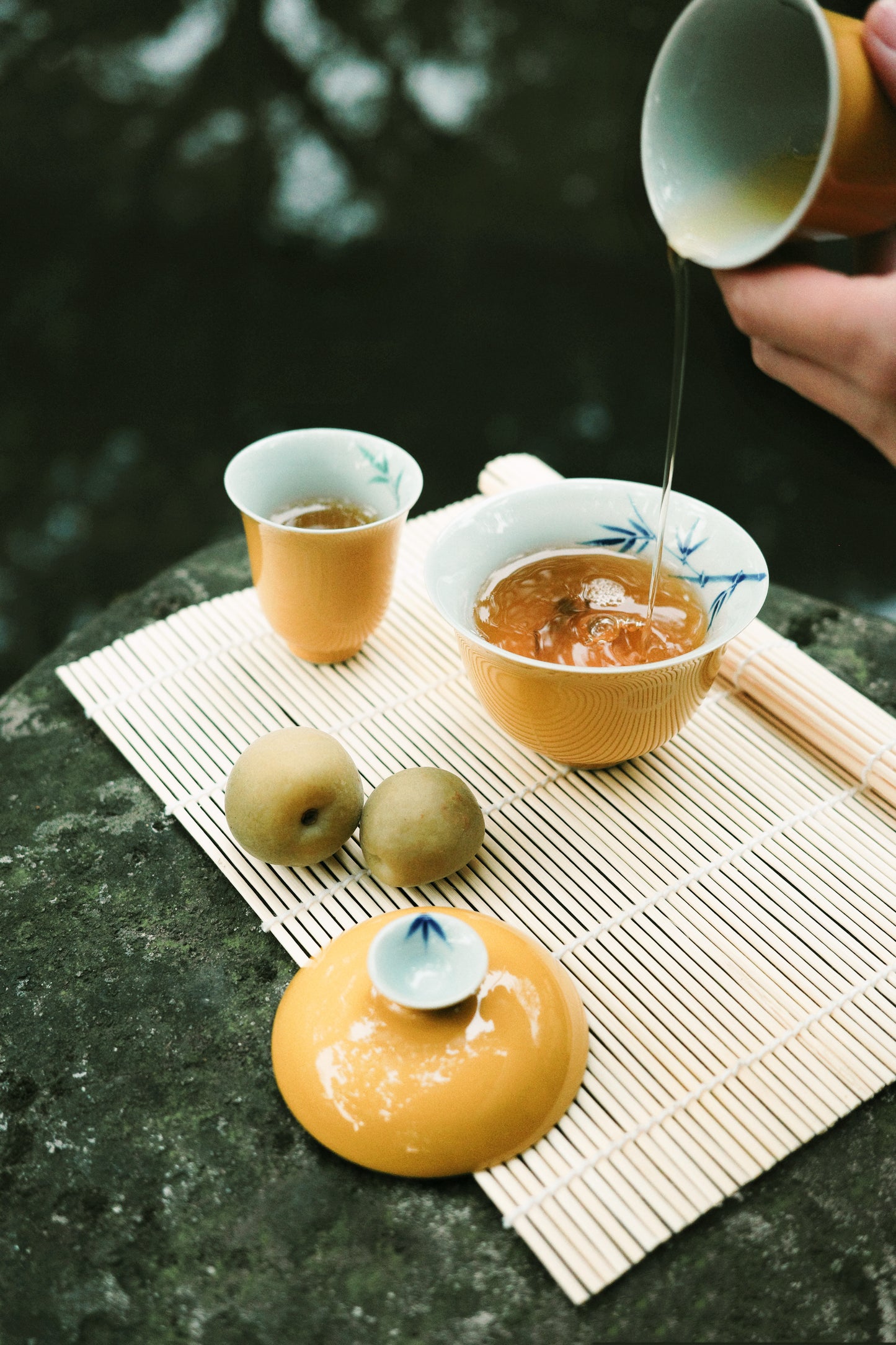 Yellow Glazed Gaiwan (teapot) and tea cups with hand-painted designs