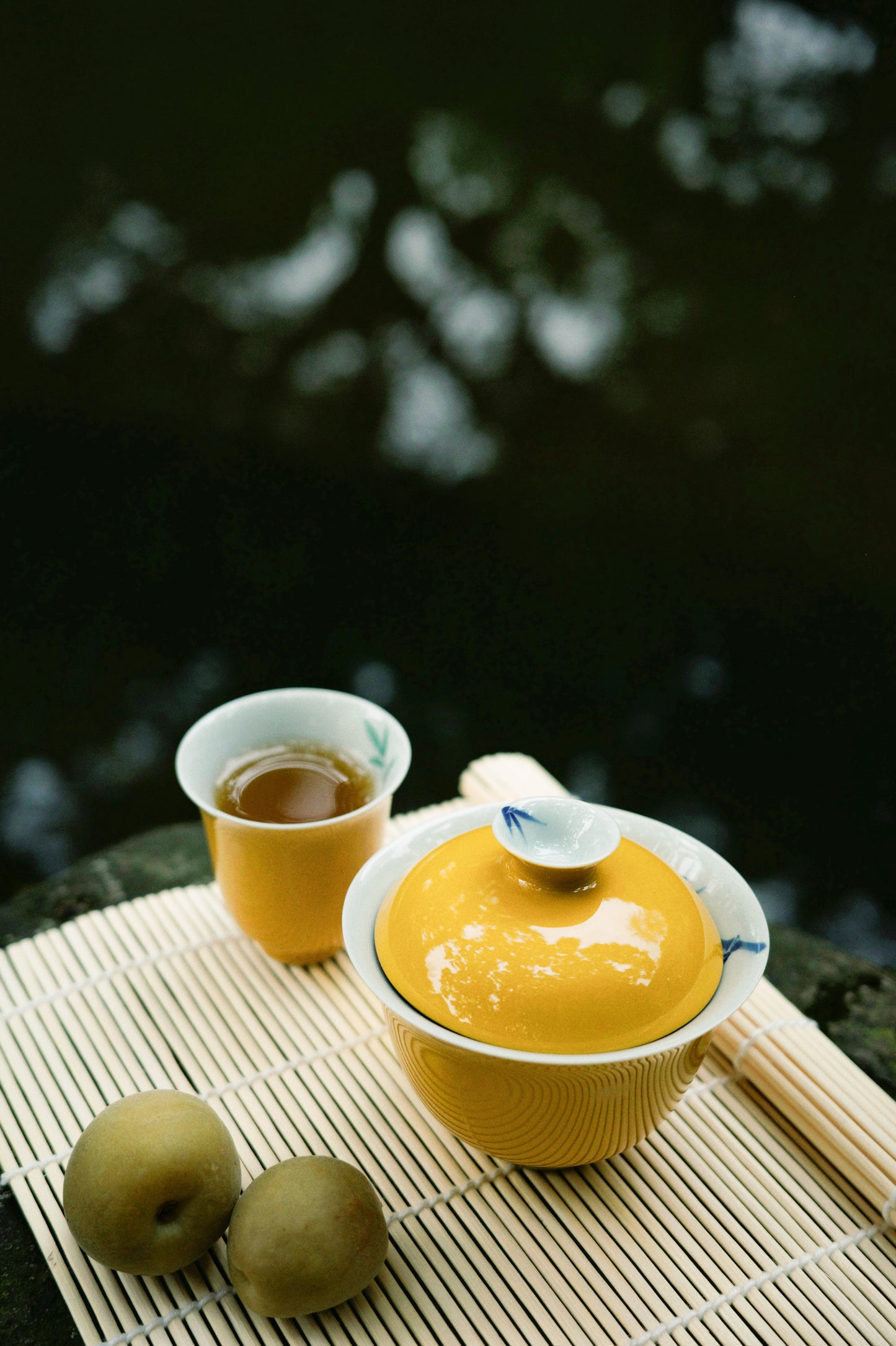 Yellow Glazed Gaiwan (teapot) and tea cups with hand-painted designs