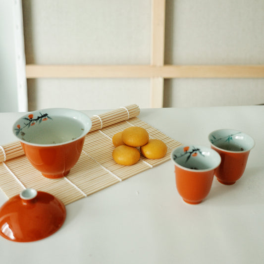 Red Glazed Gaiwan (teapot) and tea cups with hand-painted kaki