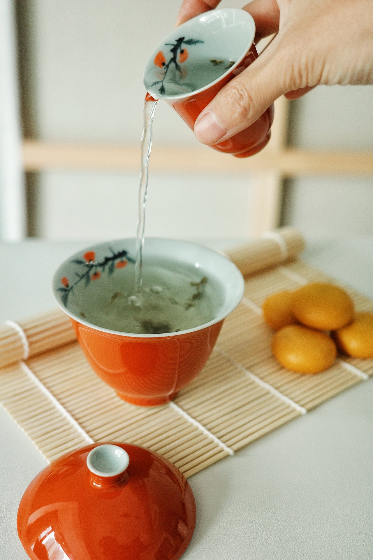 Red Glazed Gaiwan (teapot) and tea cups with hand-painted kaki