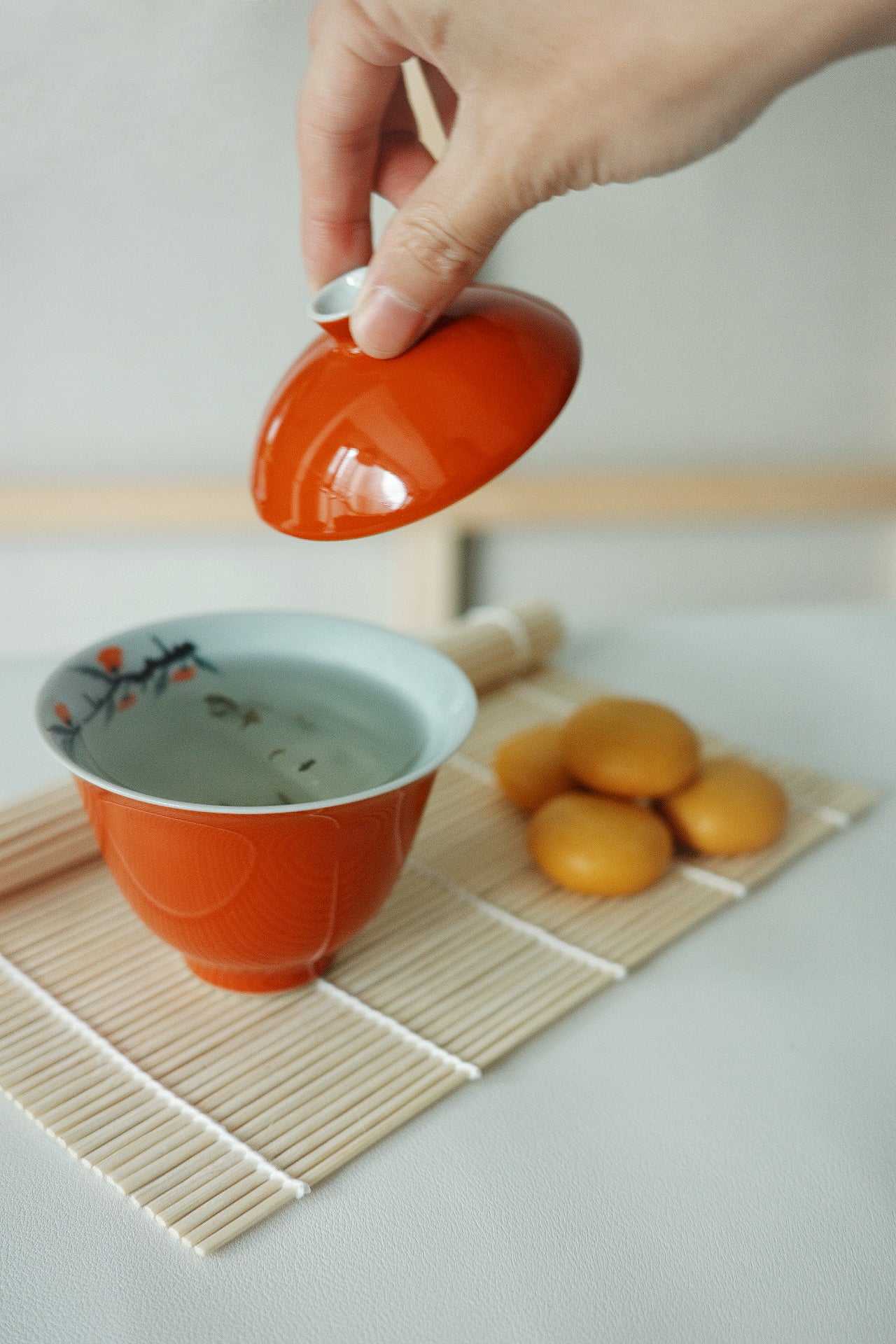 Red Glazed Gaiwan (teapot) and tea cups with hand-painted kaki