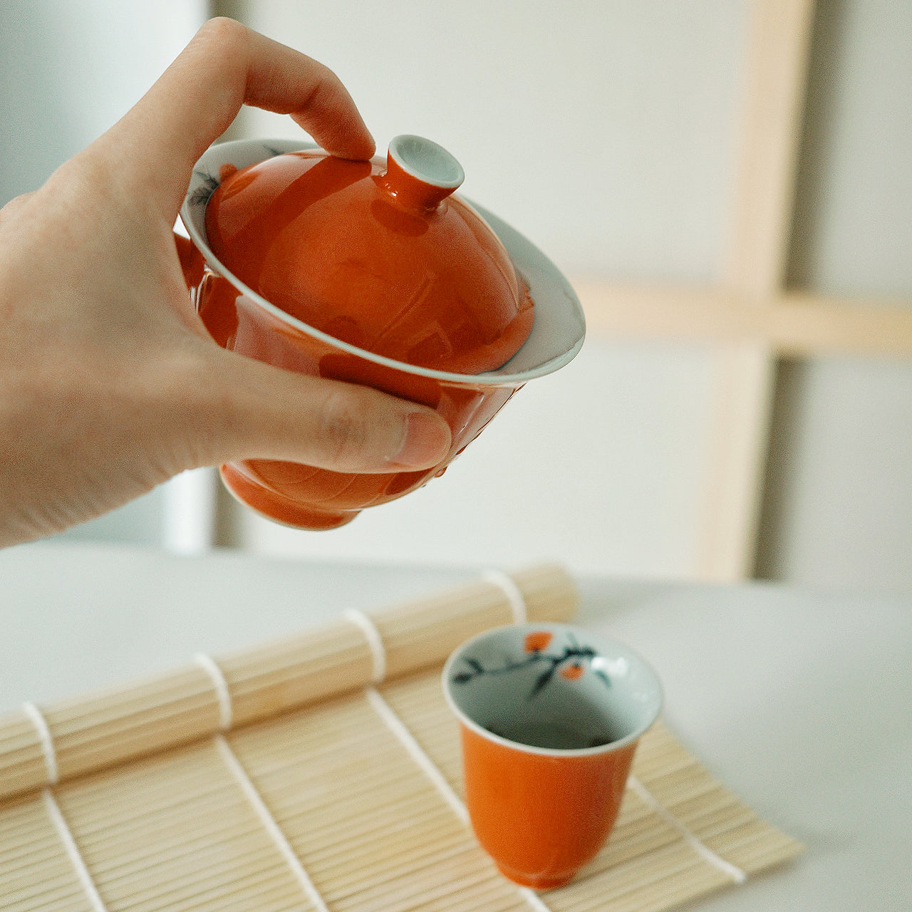 Red Glazed Gaiwan (teapot) and tea cups with hand-painted kaki