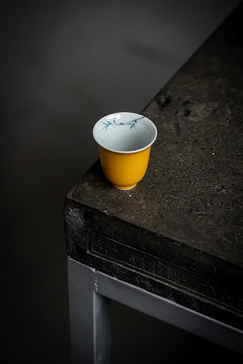 Yellow Glazed Gaiwan (teapot) and tea cups with hand-painted designs