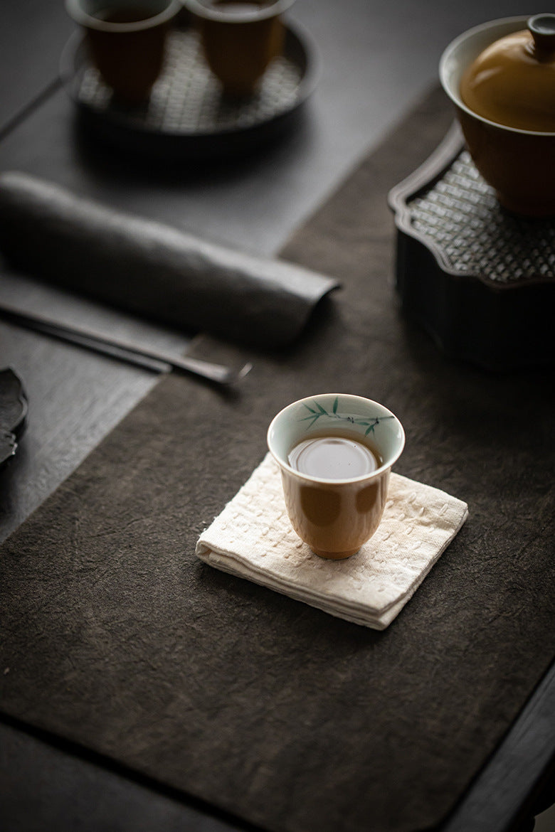 Yellow Glazed Gaiwan (teapot) and tea cups with hand-painted designs