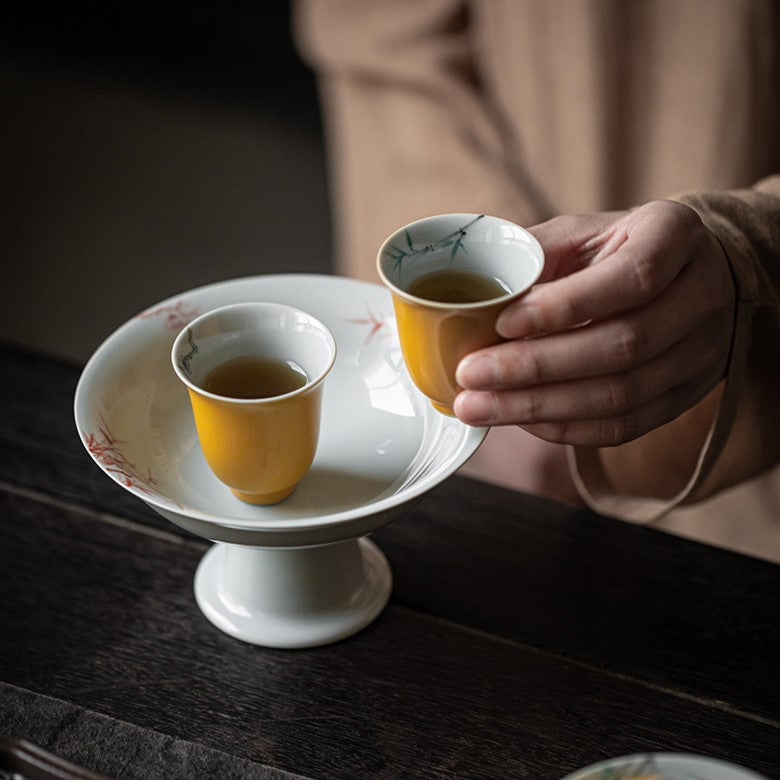 Yellow Glazed Gaiwan (teapot) and tea cups with hand-painted designs