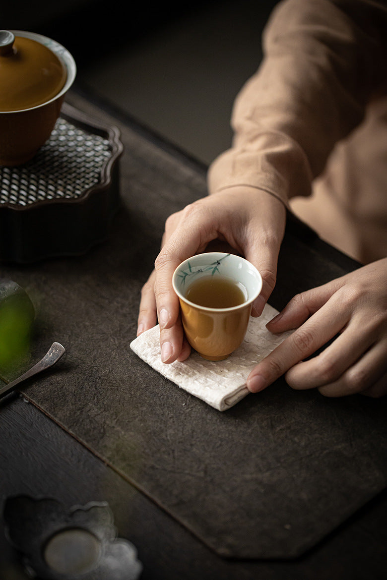 Yellow Glazed Gaiwan (teapot) and tea cups with hand-painted designs