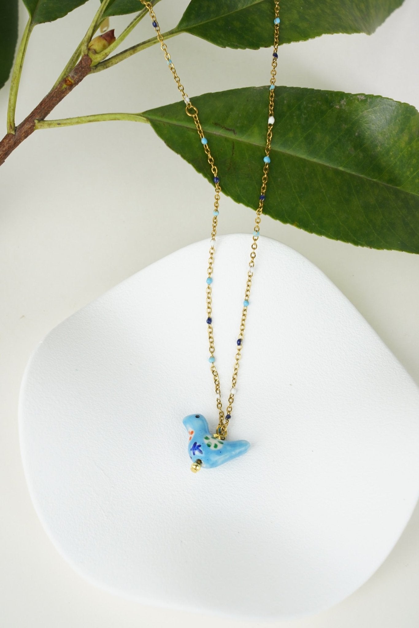 Bird - Shaped Porcelain beads – Handmade Necklace (Blue) - EenPorcelain