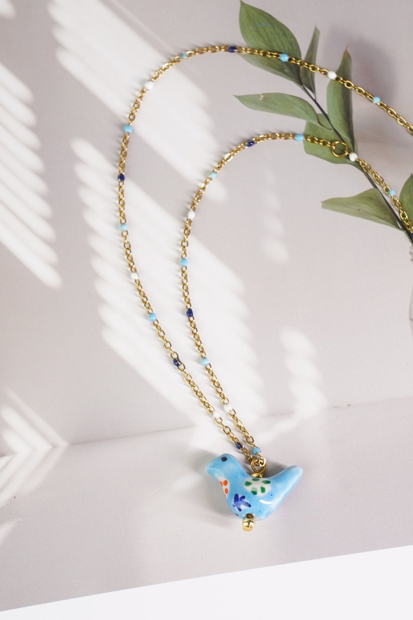 Bird - Shaped Porcelain beads – Handmade Necklace (Blue) - EenPorcelain