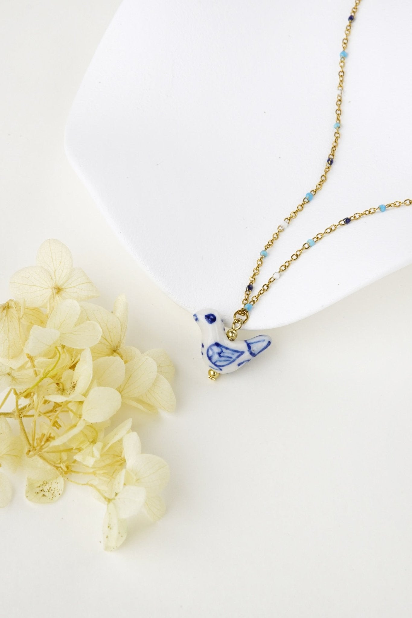 Bird - Shaped Porcelain beads – Handmade Necklace (Delft blue) - EenPorcelain