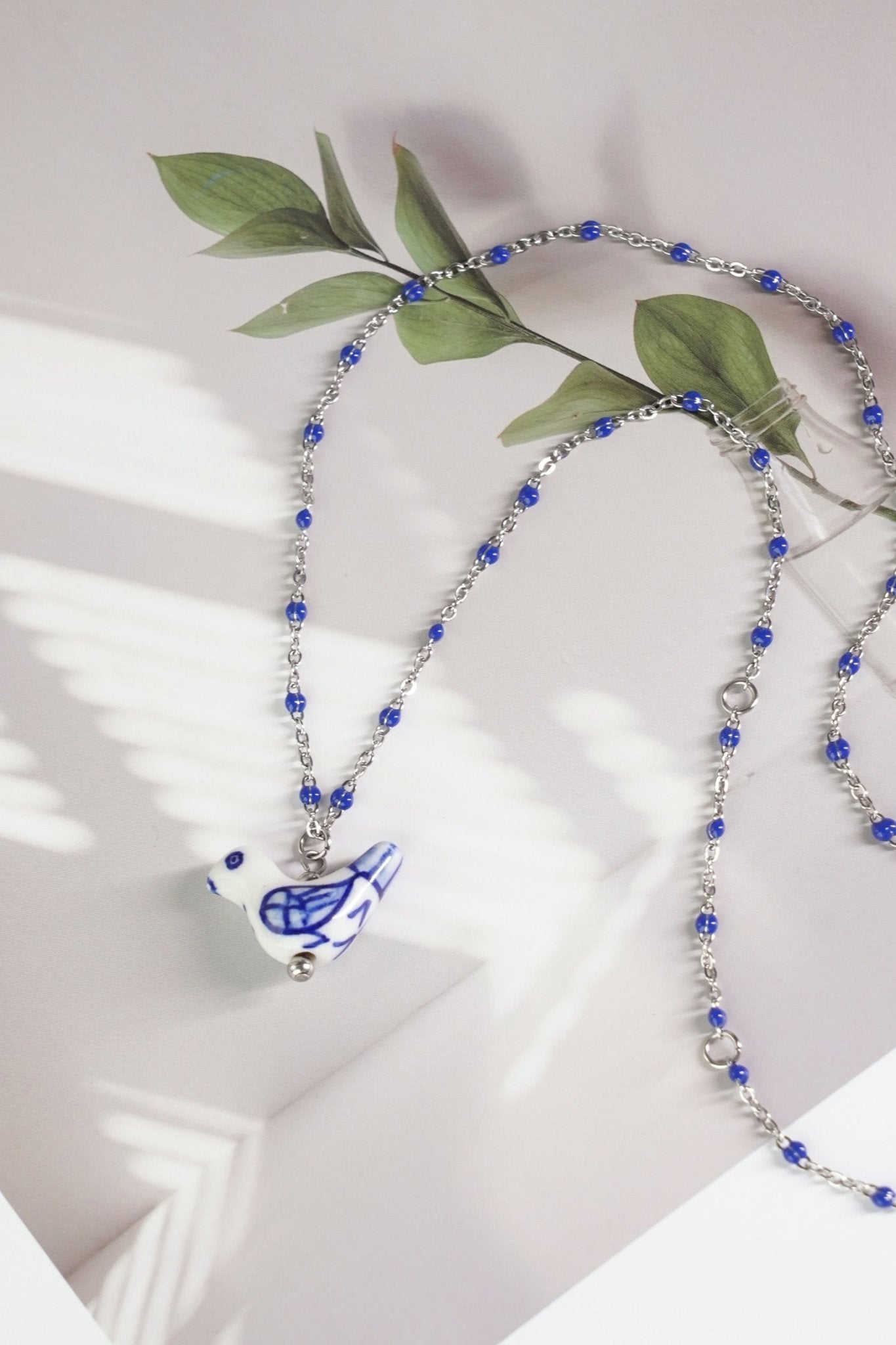 Bird - Shaped Porcelain beads – Handmade Necklace (Delft blue) - EenPorcelain