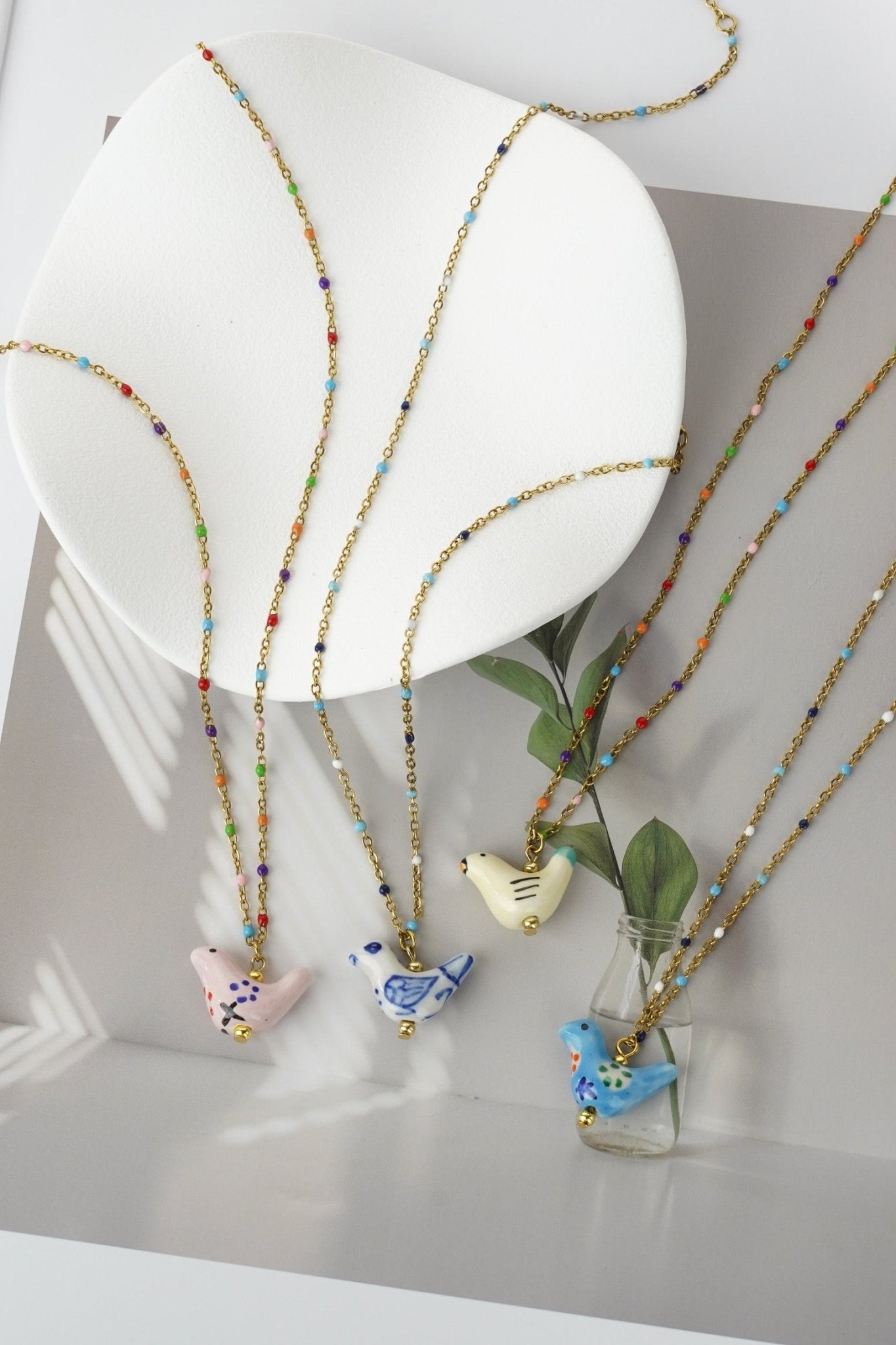 Bird - Shaped Porcelain beads – Handmade Necklace (Light rose) - EenPorcelain