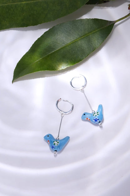 Bird - Shaped Porcelain Studs – Handmade Earrings Art (Blue) - EenPorcelain