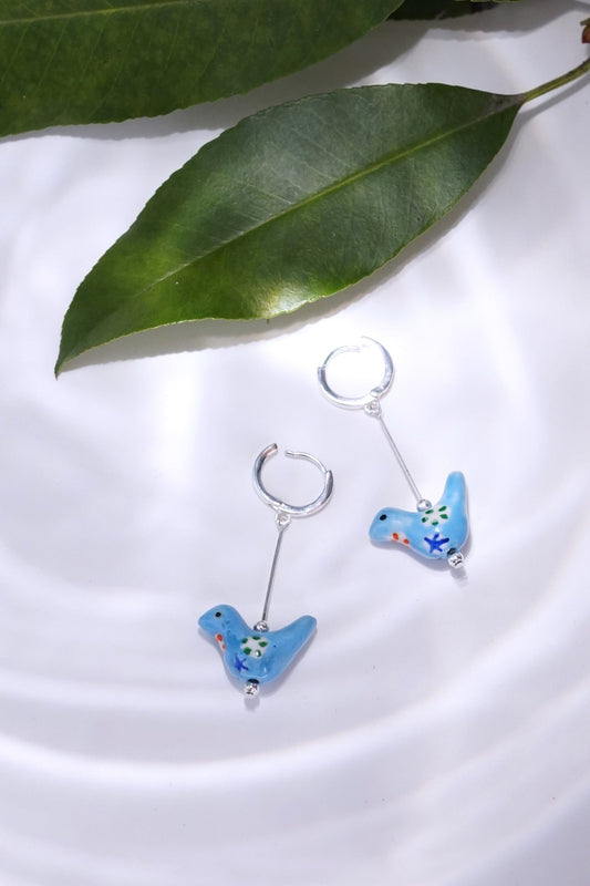 Bird - Shaped Porcelain Studs – Handmade Earrings Art (Blue) - EenPorcelain
