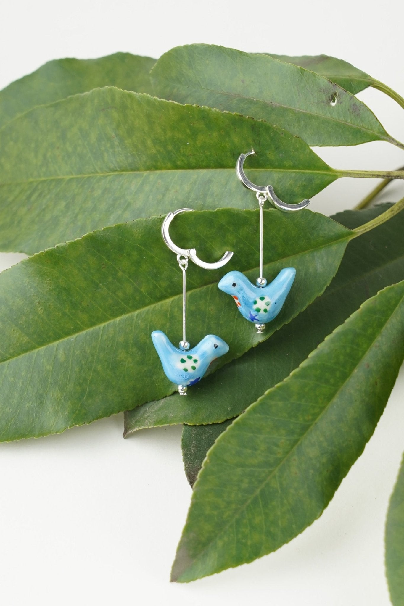 Bird - Shaped Porcelain Studs – Handmade Earrings Art (Blue) - EenPorcelain