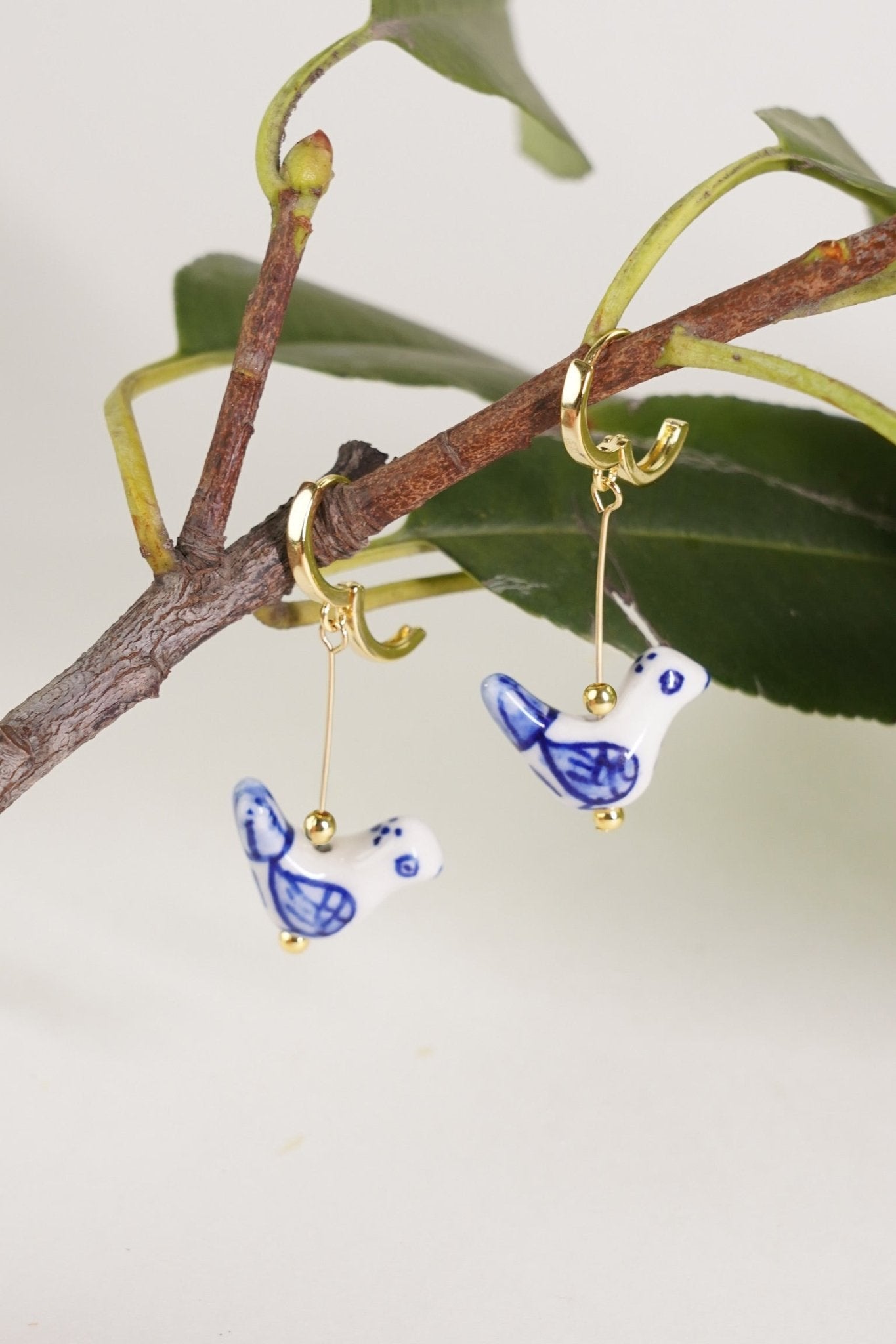 Bird - Shaped Porcelain Studs – Handmade Earrings Art (Delft Blue) - EenPorcelain