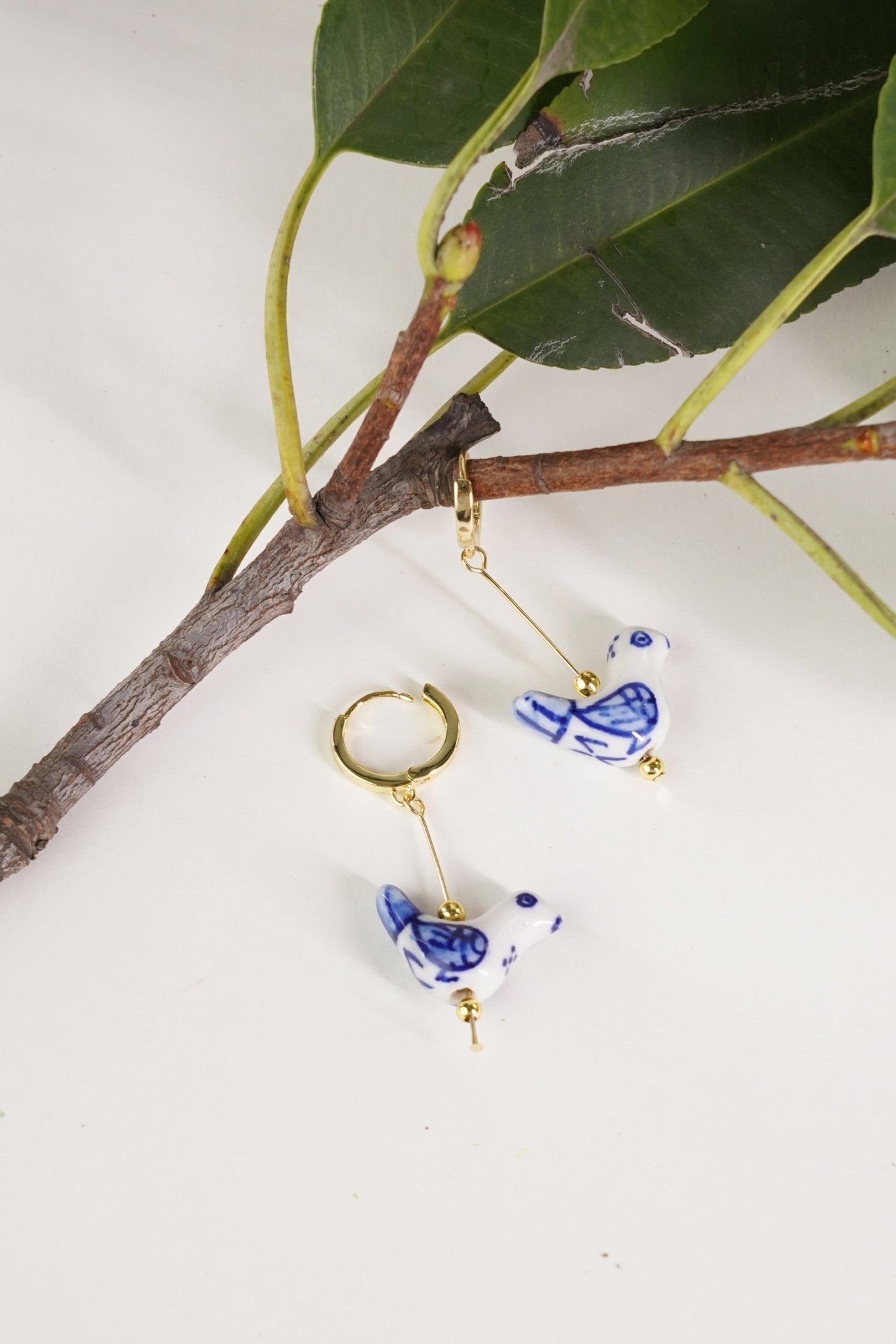 Bird - Shaped Porcelain Studs – Handmade Earrings Art (Delft Blue) - EenPorcelain